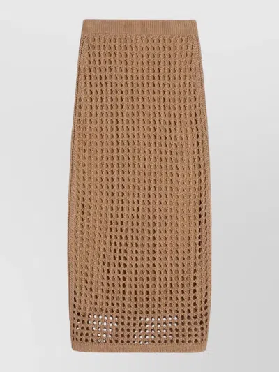 Max Mara Crochet Cotton Midi Skirt Ribbed Waist In Brown