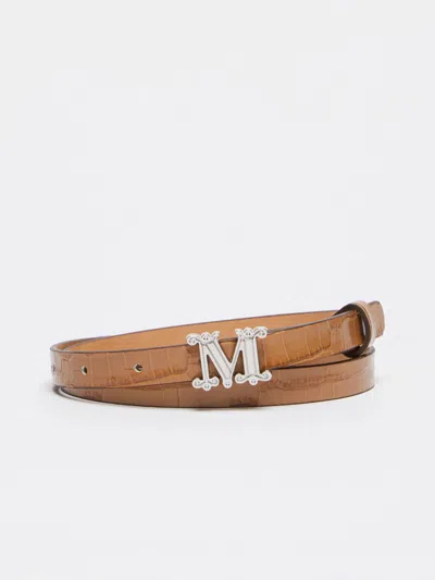 Max Mara Crocodile-print Leather Monogram Belt In Brown
