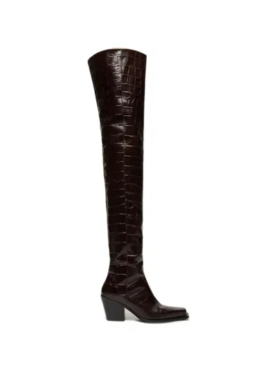 Max Mara Crocodile-print Calfskin Thigh-high Cowboy Boots In Brown