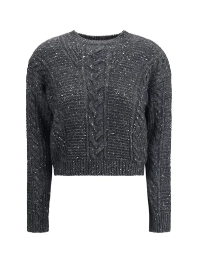 Max Mara Cropped Boxy Sweater In Alpaca-blend Yarn Interwoven With Metallic Fibers In Black