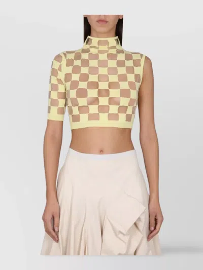 MAX MARA CROPPED CHECKERED ASYMMETRICAL MOCK NECK TOP