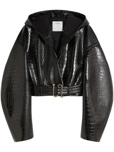 Max Mara Cropped Crocodile Textured Jacket With Glossy Finish In Black