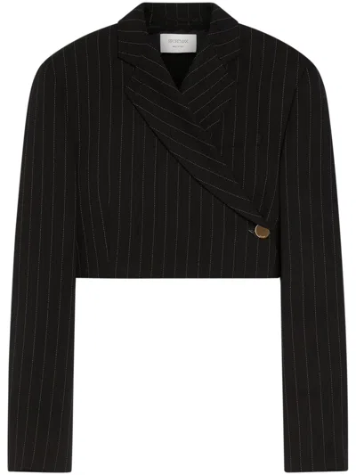Max Mara Cropped Double-breasted Jacket With Vertical Pinstripes In Black