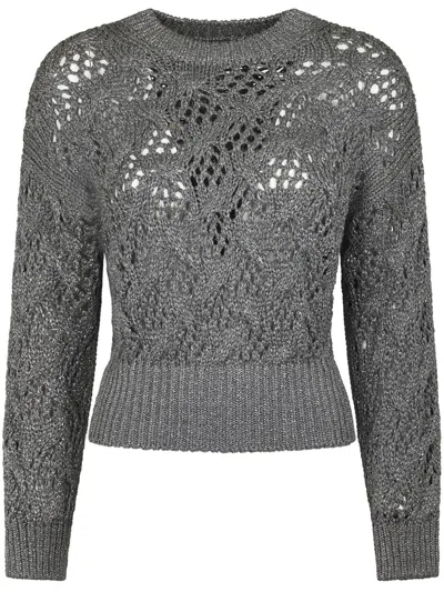 Max Mara Cropped Grey Open-knit Sweater With Metallic Finish In Gray