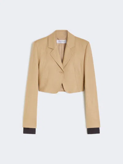 Max Mara Buono Diagonal Cropped Jacket In Camel Linen In Blue