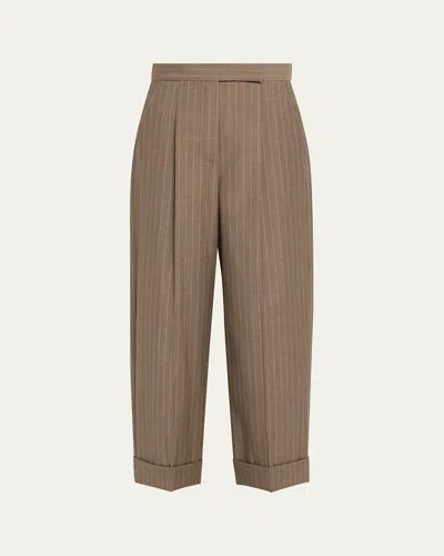Max Mara Cropped Pinstripe Virgin Wool Pants In Brown