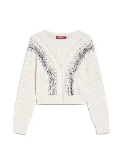 Max Mara Cropped Pullover With Gradient Mirrored Glass Embroidery In White