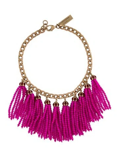 Pre-owned Max Mara Crystal & Beaded Tassel Collar Necklace, 18" In Pink