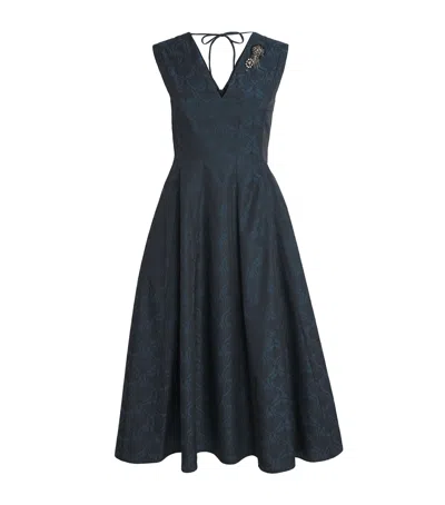 Max Mara Crystal Brooch Jacquard Midi Dress In Blue