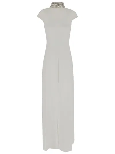 Max Mara Crystal Embellished Neck Maxi Dresses In White