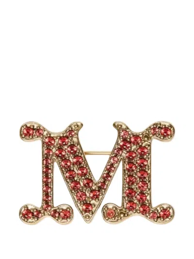 Max Mara Crystal-embellished Logo-plaque Brooch In Gold