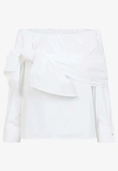 Max Mara Off-the-shoulder Tie-detailed Gathered Cotton-poplin Blouse In White