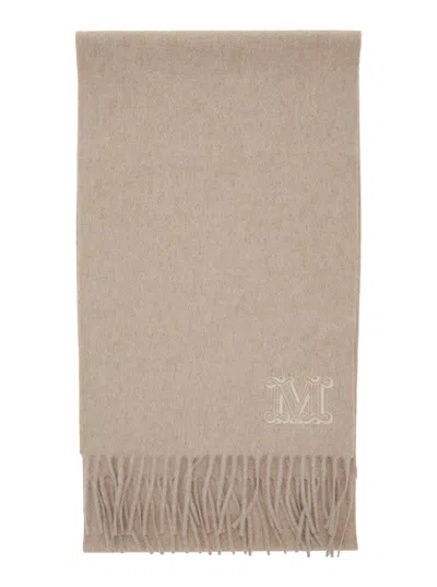 Max Mara 'dalia' Beige Rectangular Scarf With Logo Embroidery On The Front And Fringed Hem In Cashme