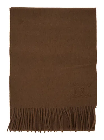 Max Mara 'dalia' Brown Rectangular Scarf With Logo Embroidery On The Front And Fringed Hem In Cashme
