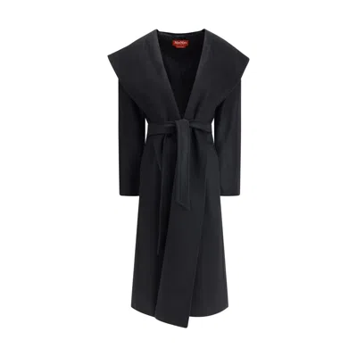 Max Mara Hooded Belt-fastening Coat In Black