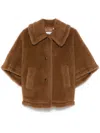 Max Mara Wool Buttoned Cape With Faux Fur Texture In Brown