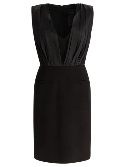 Max Mara Deep V-neck Dress With Pleated Bodice In Black