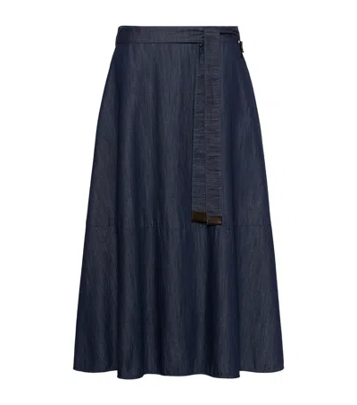 Max Mara Belted Denim Midi Skirt In Blue