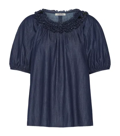 Max Mara Denim Ruffled Neckline Blouse In Blue
