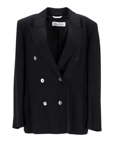 Max Mara Double Breasted Blazer In Navy Blue Virgin Wool In Black