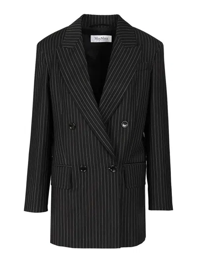 Max Mara Double-breasted Blazer In Pinstriped Wool In Black