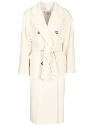 Max Mara Double-breasted Coat With Belt Coats White In Yellow
