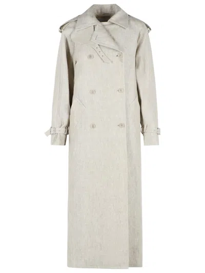 Max Mara Double Breasted Duster In 'drill' Of Pure Beige Sand Linen In Neutral