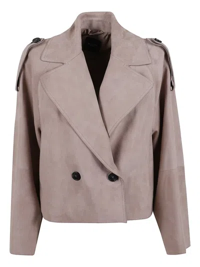 Max Mara Double-breasted Leather Jacket With Layered Back Design In Gray