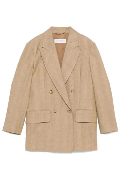 Max Mara Double-breasted Linen Blazer With Notched Lapel In Neutrals