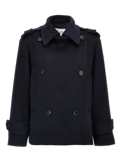 Max Mara Blue Double-breasted Wool Coat In Animal Print