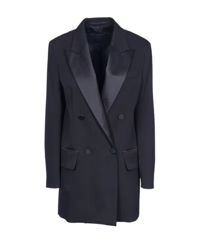 Max Mara Double-breasted Satin-finish Blazer In Black