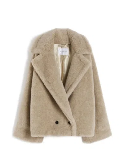 Max Mara Double-breasted Teddy Coat In Neutral