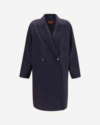 Max Mara Double Breasted Wool Drap Coat In Blue