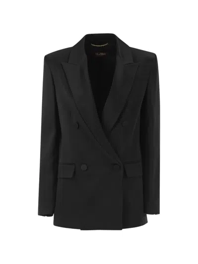Max Mara Double-breasted Satin Blazer In Black