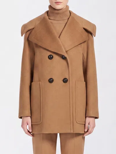 Max Mara Double-breasted Short Coat In 100% Cashmere With Patch Pockets In Brown