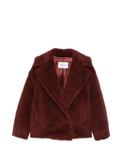 Max Mara Double-breasted Teddy Coat In Burgundy