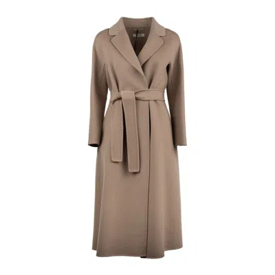 Max Mara Dove Gray Wool Drap Midi Coat In Brown