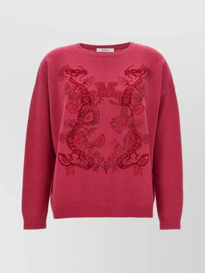 Max Mara Dragon Motif Crew Neck Sweater With Beaded Embellishments In Pink