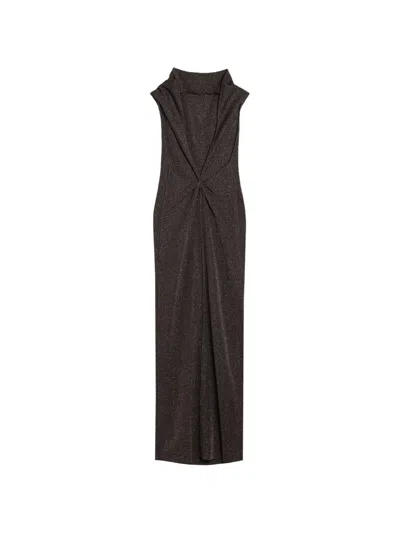 Max Mara Draped Glitter-effect Maxi Dress In Brown