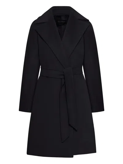 Max Mara Waist Belted Long Length Lapels Pockets In Black