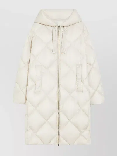 Max Mara Drawstring Hood Long Down Jacket In White