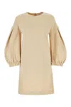 Max Mara Crew Neck Monogram Pattern Puffed Sleeves Dress In Beige O Tan
