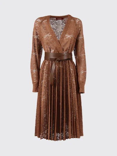 Max Mara Studio V-neck Pleated Dress In Brown