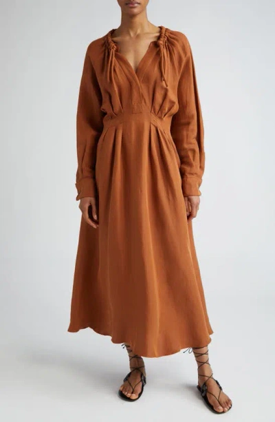 MAX MARA DRINA PLEATED WAIST LONG SLEEVE LINEN & SILK DRESS