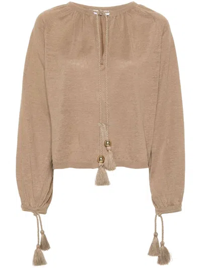 MAX MARA EARTH BROWN TASSEL DETAILING LINEN BLOUSE