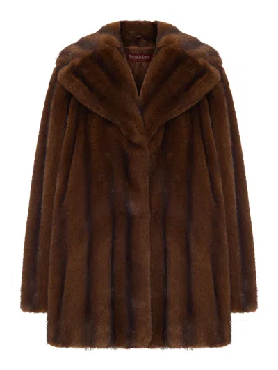 Max Mara Eco Fur Coat With Revers Collar In Brown