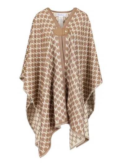 Max Mara Editti Wool Cotton Cape All Over Logo Coats Multicolor In Brown