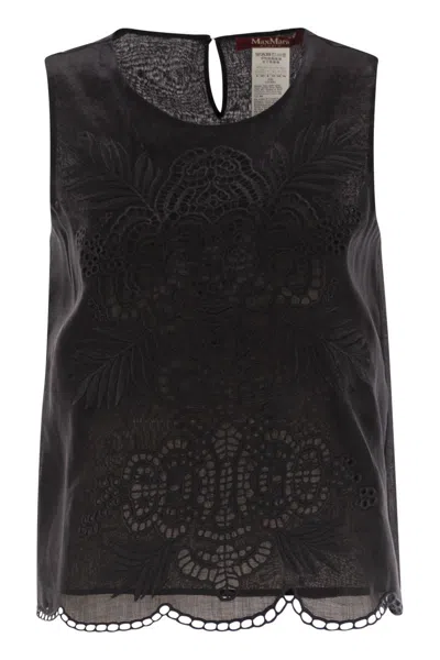 Max Mara Sleeveless Top With Intricate Floral Embroidery In Black
