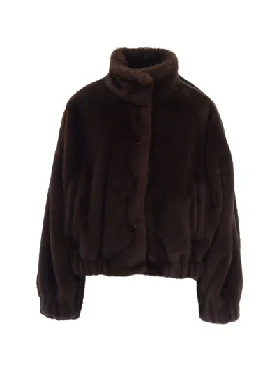 Max Mara Elasticated-trim Faux-fur Jacket In Brown