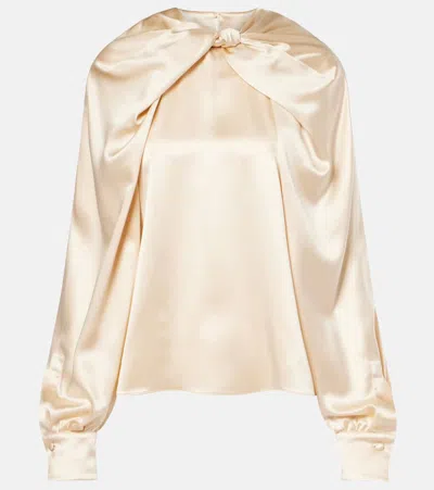 Max Mara Satin Tie Neck Long Sleeve Top In Neutral